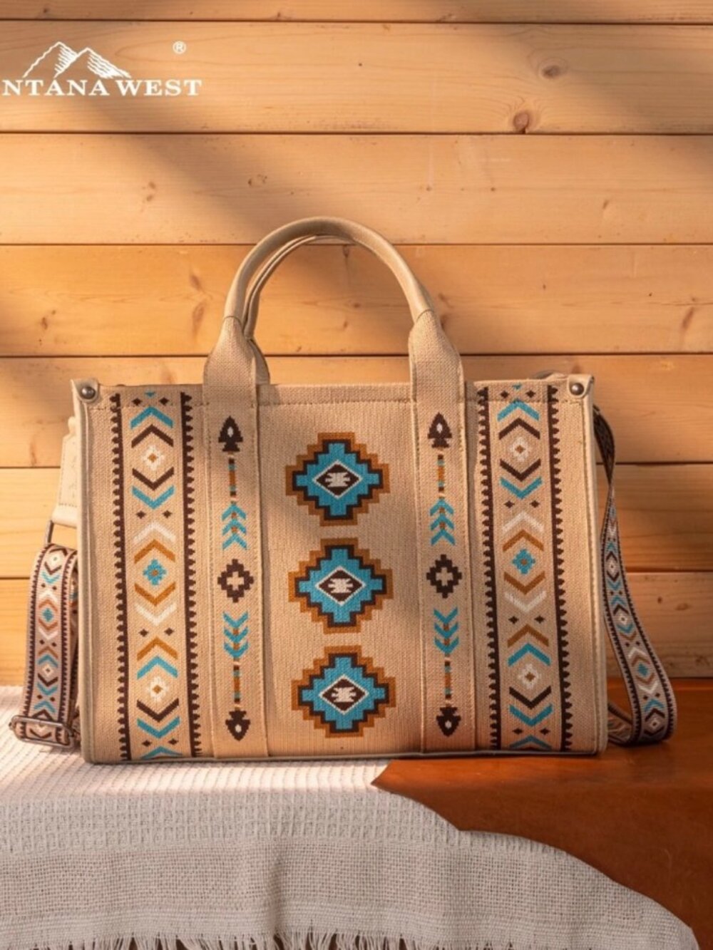 Montana West Aztec Retro Arrows Dual Sided Print Large Tote/Crossbody Tan